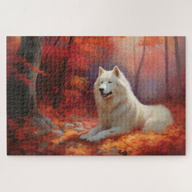 Puzzle Samoyed en otoño se inspira en las hojas (Horizontal)