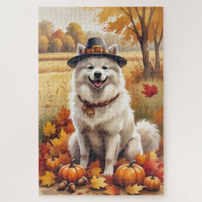 Puzzle Samoyedo en hojas de otoño arte de acción de graci (Vertical)