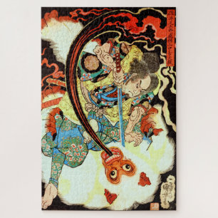 Puzzle Samurai japonés lucha contra el mono blanco gigant