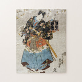 Puzzle Samurai japonés sostiene la linterna katana ukiyo-