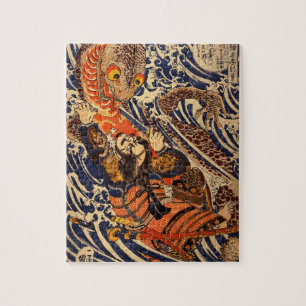 Puzzle Samurái luchando contra un reptil grande, alrededo