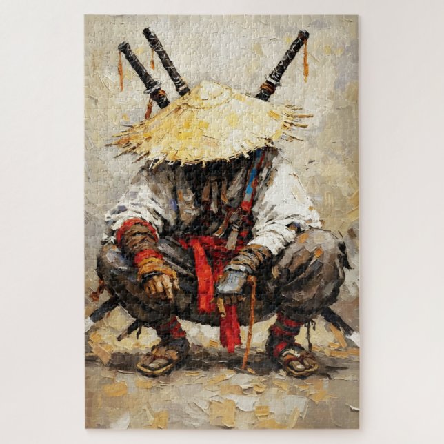 Puzzle Samurai Resting Palette Knife Orange Impasto (Vertical)