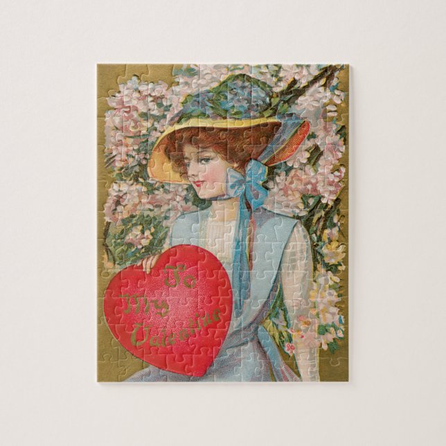 Puzzle San Valentín antiguo, dama victoriana con corazón (Vertical)