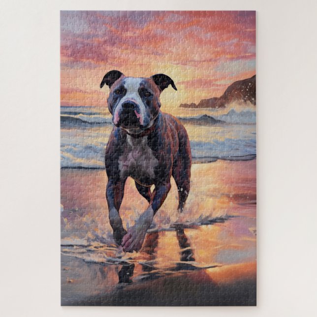 Puzzle Sandy American Staffordshire Dog on Beach Sunset (Vertical)
