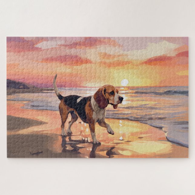 Puzzle Sandy Paws Beagle Dog en Beach Sunset (Horizontal)