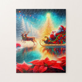 Puzzle Santa and Reindeer on a Frozen Pond on His Sleigh