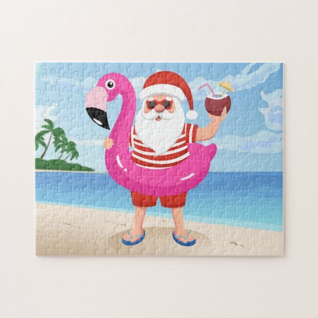 Puzzle Santa Claus con anillo inflable de flamingo (Horizontal)