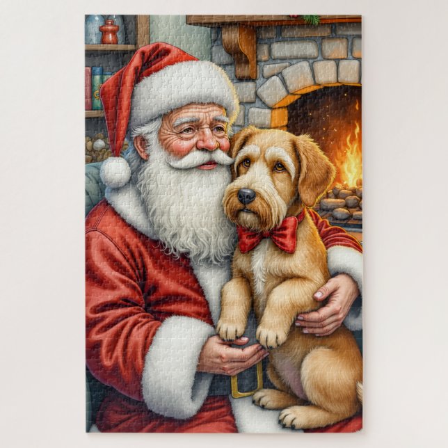 Puzzle Santa Claus Holding Airedale Christmas Art (Vertical)