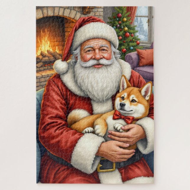 Puzzle Santa Claus Holding Akita Christmas Art (Vertical)