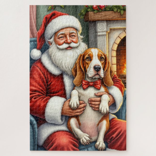 Puzzle Santa Claus Holding Basset Hound Christmas Art (Vertical)