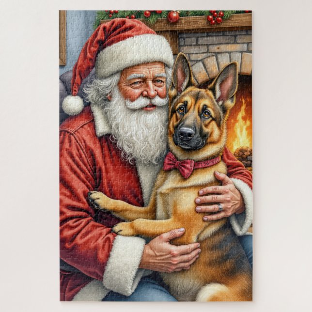 Puzzle Santa Claus Holding Belgian Shepherd Christmas Art (Vertical)