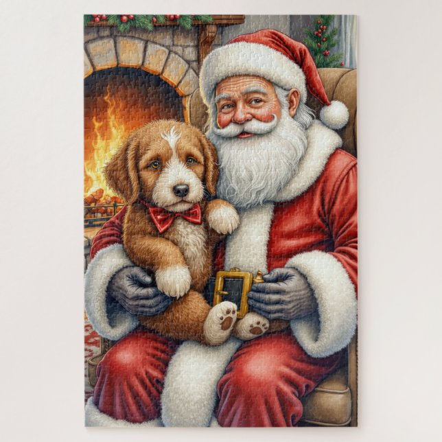 Puzzle Santa Claus Holding Bernedoodle Christmas Art (Vertical)