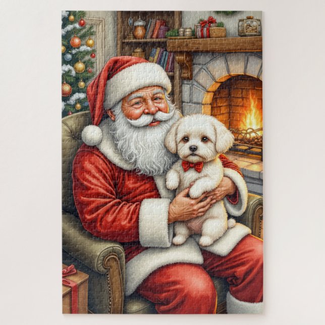 Puzzle Santa Claus Holding Bichon Frise Christmas Art (Vertical)