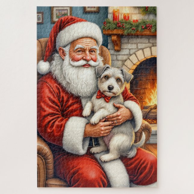 Puzzle Santa Claus Holding Biewer Terrier Christmas Art (Vertical)