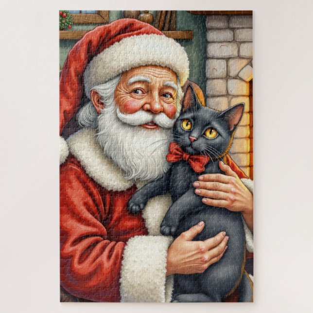 Puzzle Santa Claus Holding Black Cat Christmas Art (Vertical)
