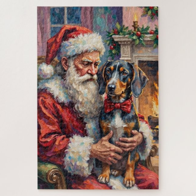 Puzzle Santa Claus Holding Bluetick Coonhound Christmas  (Vertical)