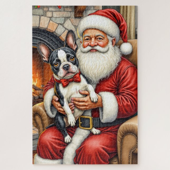 Puzzle Santa Claus Holding Boston Terrier Christmas Art (Vertical)