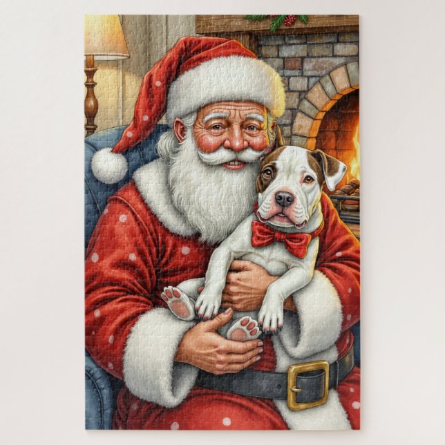 Puzzle Santa Claus Holding Bull Terrier Christmas Art (Vertical)