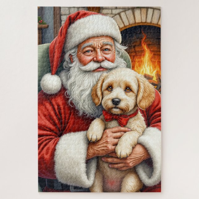 Puzzle Santa Claus Holding Cockapoo Christmas Art (Vertical)