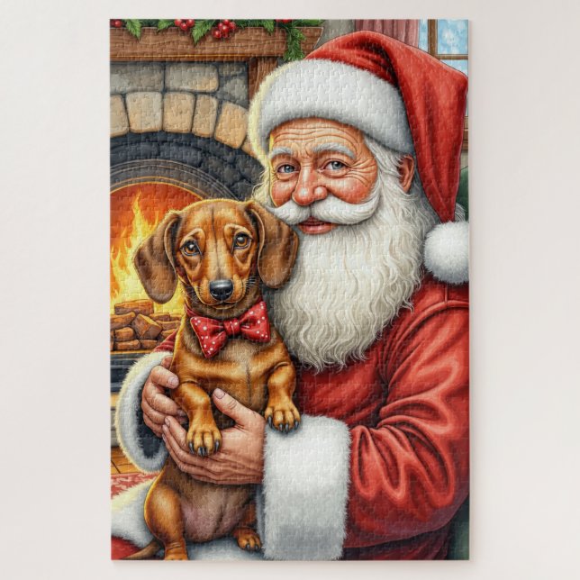 Puzzle Santa Claus Holding Dachshund Christmas Art (Vertical)