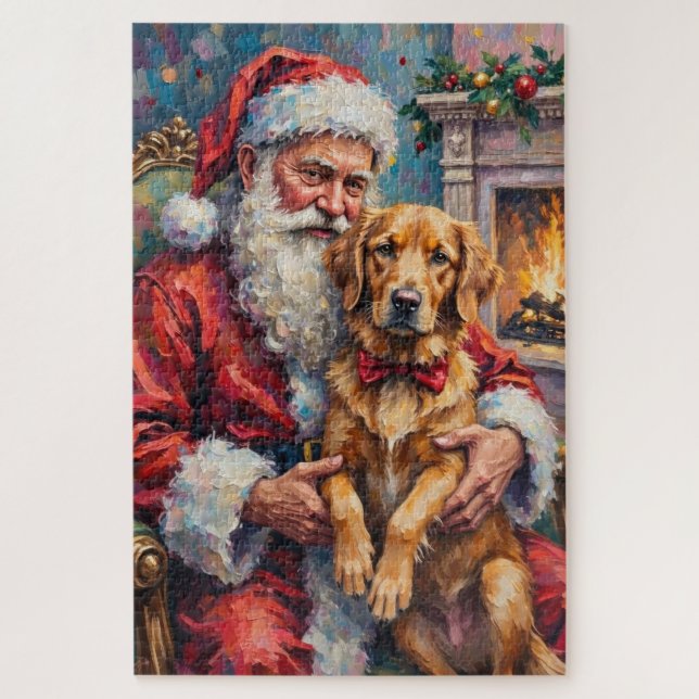 Puzzle Santa Claus Holding Golden Retriever Christmas Art (Vertical)