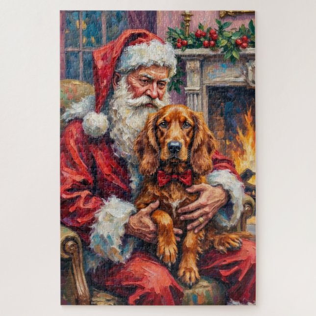 Puzzle Santa Claus Holding Irish Red Setter Christmas Art (Vertical)