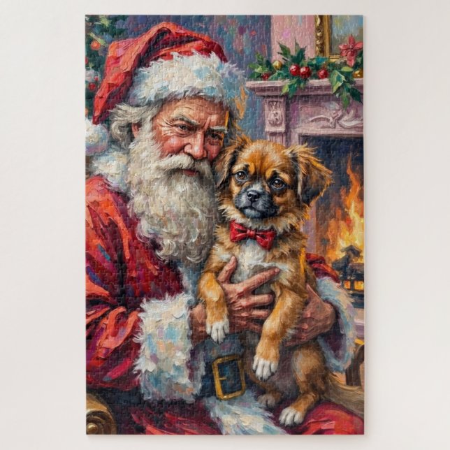 Puzzle Santa Claus Holding Japanese Chin Christmas Art (Vertical)