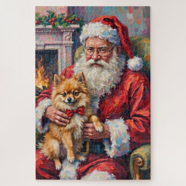 Puzzle Santa Claus Holding Pomeranian Christmas Art (Vertical)