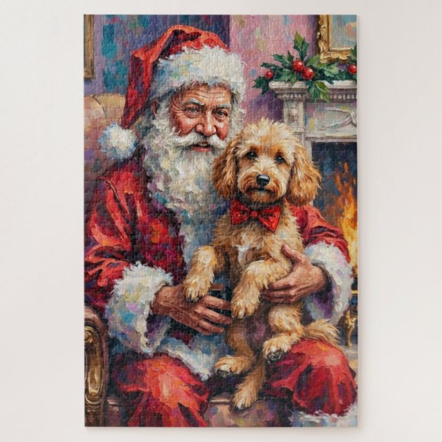 Puzzle Santa Claus Holding Poodle Christmas Art (Vertical)