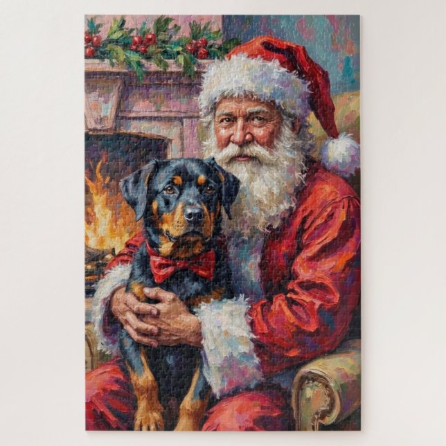 Puzzle Santa Claus Holding Rottweiler Christmas Art (Vertical)