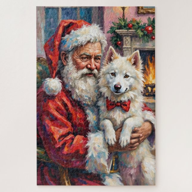 Puzzle Santa Claus Holding Samoyed Christmas Art (Vertical)