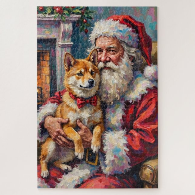 Puzzle Santa Claus Holding Shiba Inu Christmas Art (Vertical)