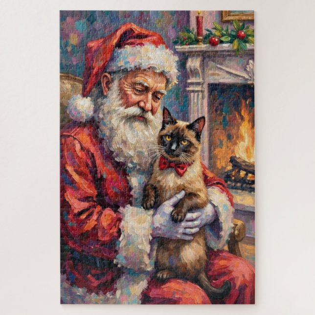 Puzzle Santa Claus Holding Siamese Cat Christmas Art (Vertical)