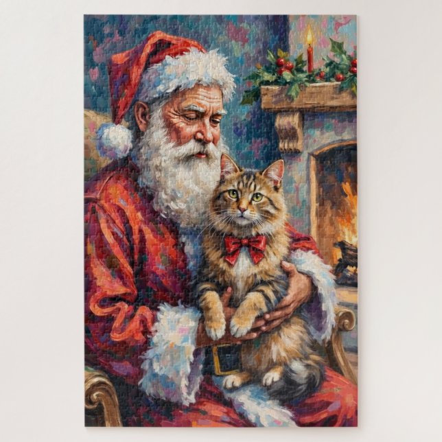 Puzzle Santa Claus Holding Siberian Cat Christmas Art (Vertical)