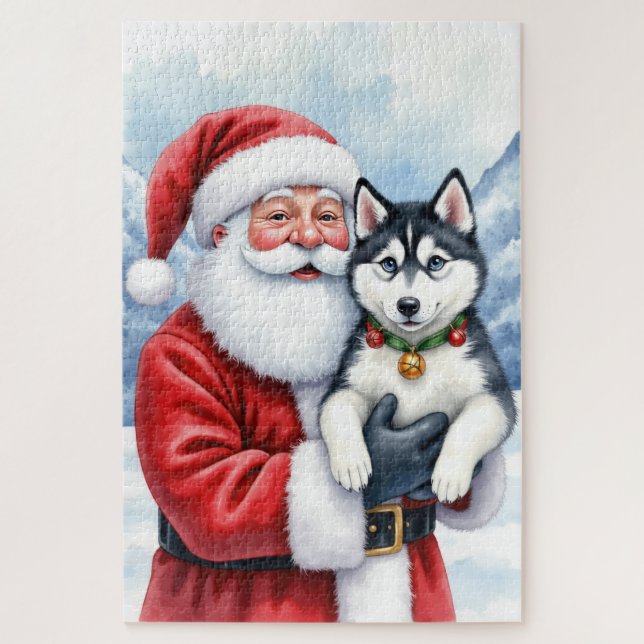 Puzzle Santa Claus Holding Siberian Husky Christmas Art (Vertical)