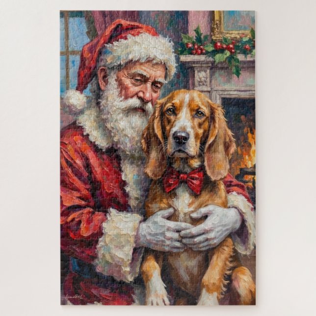 Puzzle Santa Claus Holding Silken Windhound Christmas Art (Vertical)