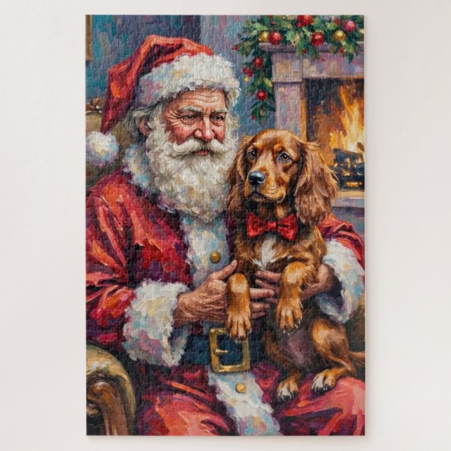 Puzzle Santa Claus Holding Sussex Spaniel Christmas Art (Vertical)