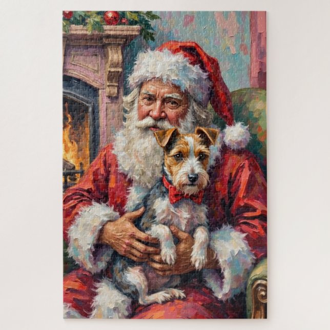 Puzzle Santa Claus Holding Wirefox Terrier Christmas Art (Vertical)