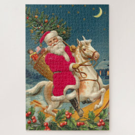 Puzzle Santa Claus on a wooden horse