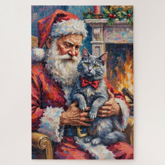 Puzzle Santa Claus Oriental Blue Cat Christmas Art (Vertical)