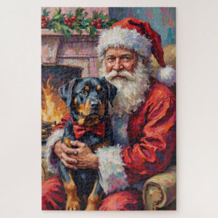 Puzzle Santa Claus sosteniendo arte navideño de Rottweile