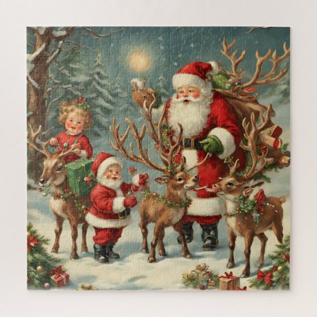 Puzzle Santa con niños, renos y regalos (Vertical)
