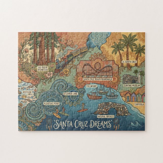 Puzzle Santa Cruz California Dreams Map – Vibrant Coast (Horizontal)