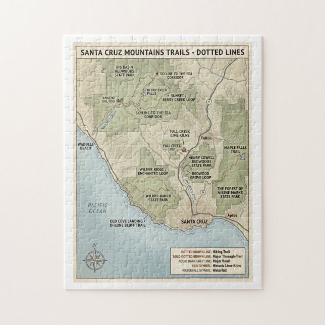 Puzzle Santa Cruz California Trail Map Redwood & Coastal  (Vertical)