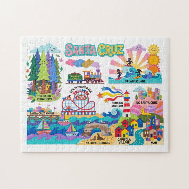 Puzzle Santa Cruz Illustrated Map Boardwalk Beach Surfing (Horizontal)