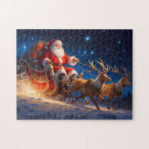Puzzle Santa entregando juguetes en una pendiente con ren
