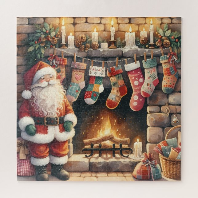 Puzzle Santa junto a la chimenea calcetines de Navidad (Horizontal)