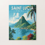 Puzzle Santa Lucía Las Pitons Viaje Arte Vintage<br><div class="desc">Diseño artístico vectorial de las Pitons,  Santa Lucía. Las Pitons son dos cañerías volcánicas montañosas,  arañas volcánicas,  situadas en Santa Lucía.</div>