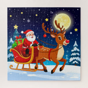 Puzzle Santa montando su trineo con renos bajo la luna ll