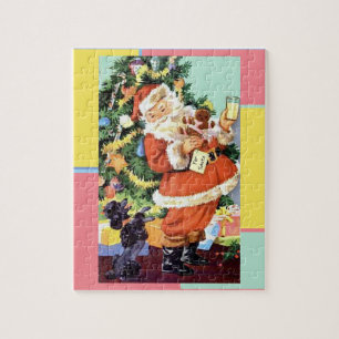 Puzzle Santa Retro, galletas y leche, y caniche bailando